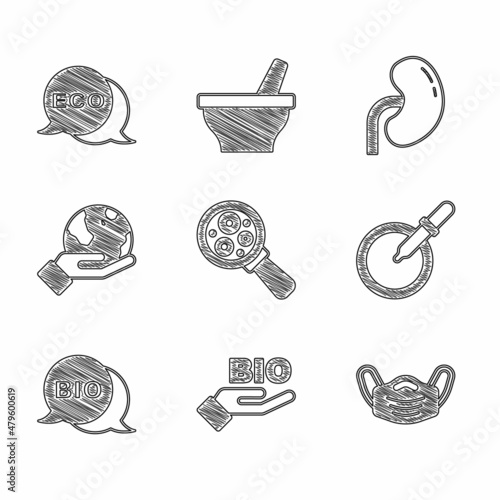 Set Microorganisms under magnifier, Bio healthy food, Medical protective mask, Petri dish with pipette, Hand holding Earth globe, Human kidney and Label for eco icon. Vector