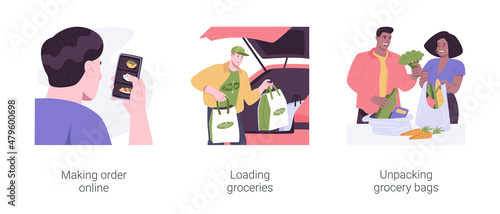Curbside pickup at a grocery store isolated cartoon vector illustrations set.