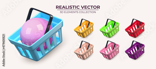 Collection of glossy flying realistic shopping carts in different colors isolated on white background. Empty shopping baskets. For mobile applications. Vector illustration