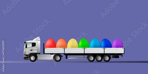 Happy Easter. A modern European truck with a semi-trailer is carrying eggs for the holiday. Very peri background. Vector illustration.