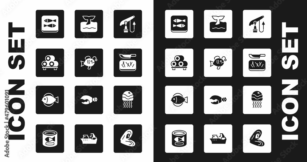 Set Fishing harpoon, Tropical fish, Sushi cutting board, Canned, Cutting and knife, Whale tail ocean wave, Jellyfish and icon. Vector Set Fishing harpoon, Tropical fish, Sushi cutting board, Canned, Cutting and knife, Whale tail ocean wave, Jellyfish and icon. Vector