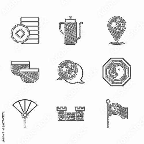 Set China flag, Great wall of, on flagpole, Yin Yang, Chinese or japanese folding fan, tea ceremony, and Yuan currency icon. Vector