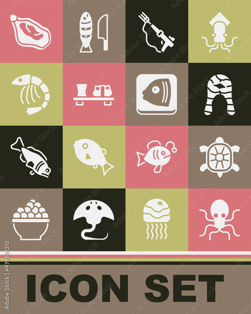 Set Octopus, Turtle, Fish steak, Fishing harpoon, Sushi cutting board, Shrimp, Mussel and head icon. Vector