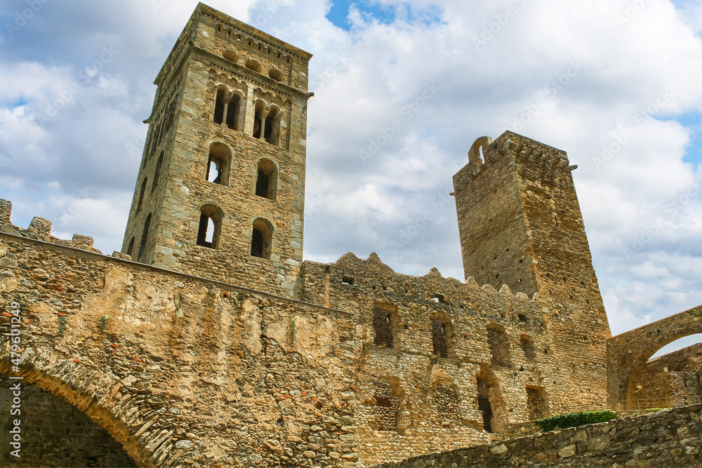 High medieval towers of the stone monastery on the mountain. Sant Pere de Rodes, Girona.
