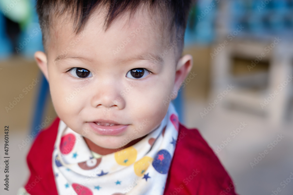 Portrait of a happy little boy 1-year-old at home in winter. Happy baby toddler face looking at camera or mother. Happy face concept.