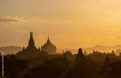 group of ancient pagodas in Bagan at the sun set  myanmar