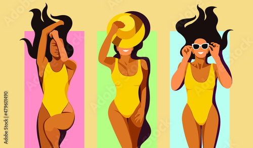 vector illustration on the theme of summer holidays and tropical vacations. three different beautiful young tanned girls in yellow bathing suits sunbathe on the beach on colorful rugs. 