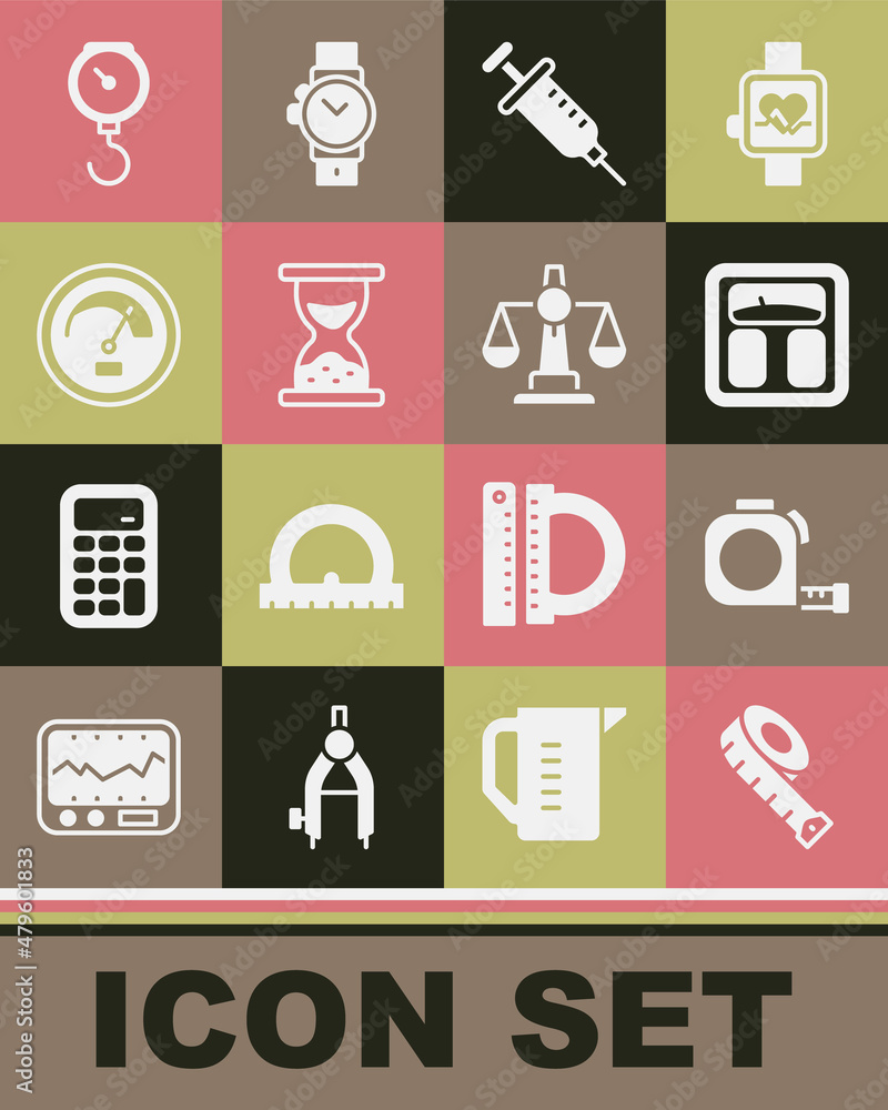 Set Measuring tape, Roulette construction, Bathroom scales, Syringe, Old hourglass with sand, Speedometer, Hand spring mechanical and Scales of justice icon. Vector Set Measuring tape, Roulette construction, Bathroom scales, Syringe, Old hourglass with sand, Speedometer, Hand spring mechanical and Scales of justice icon. Vector