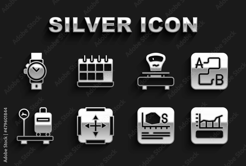 Set Area measurement, Route location, Graph, schedule, chart, diagram, Scale with suitcase, Scales, Wrist watch and Calendar icon. Vector Set Area measurement, Route location, Graph, schedule, chart, diagram, Scale with suitcase, Scales, Wrist watch and Calendar icon. Vector