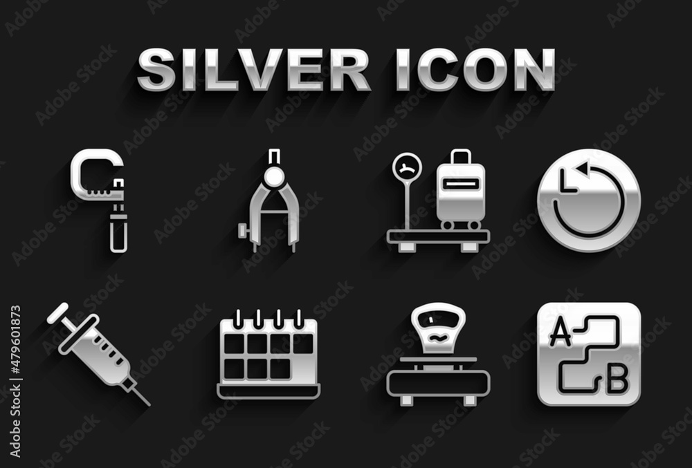 Set Calendar, Radius, Route location, Scales, Syringe, with suitcase, Micrometer and Drawing compass icon. Vector Set Calendar, Radius, Route location, Scales, Syringe, with suitcase, Micrometer and Drawing compass icon. Vector