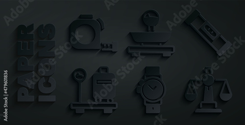 Set Wrist watch, Construction bubble level, Scale with suitcase, Scales of justice, and Roulette construction icon. Vector