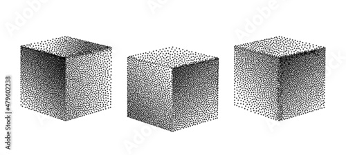 set of volumetric 3D cubes in halftone Dotwork style. Grunge black dots with noise effect.