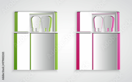 Paper cut Open matchbox and matches icon isolated on grey background. Paper art style. Vector
