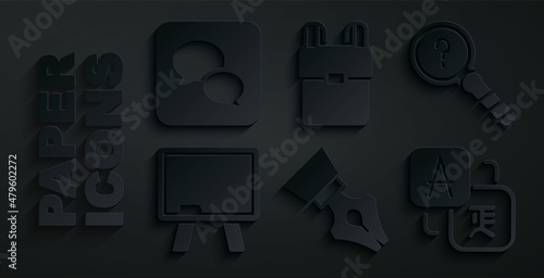 Set Fountain pen nib, Unknown search, Chalkboard, Translator, School backpack and Speech bubble chat icon. Vector
