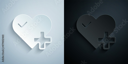 Paper cut Heart rate icon isolated on grey and black background. Heartbeat sign. Heart pulse icon. Cardiogram icon. Paper art style. Vector