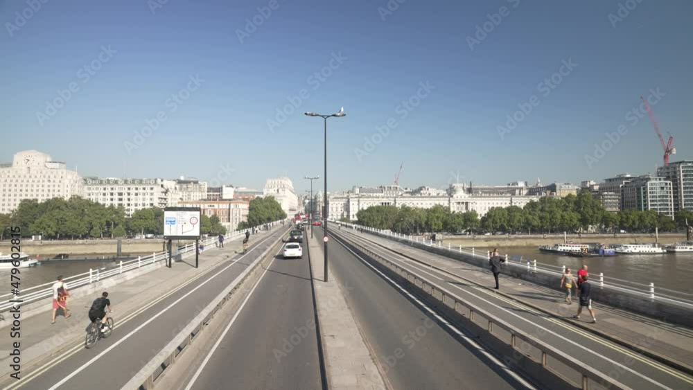 View of Waterloo Bridge and River Thames from open top bus, London View of Waterloo Bridge and River Thames from open top bus, London