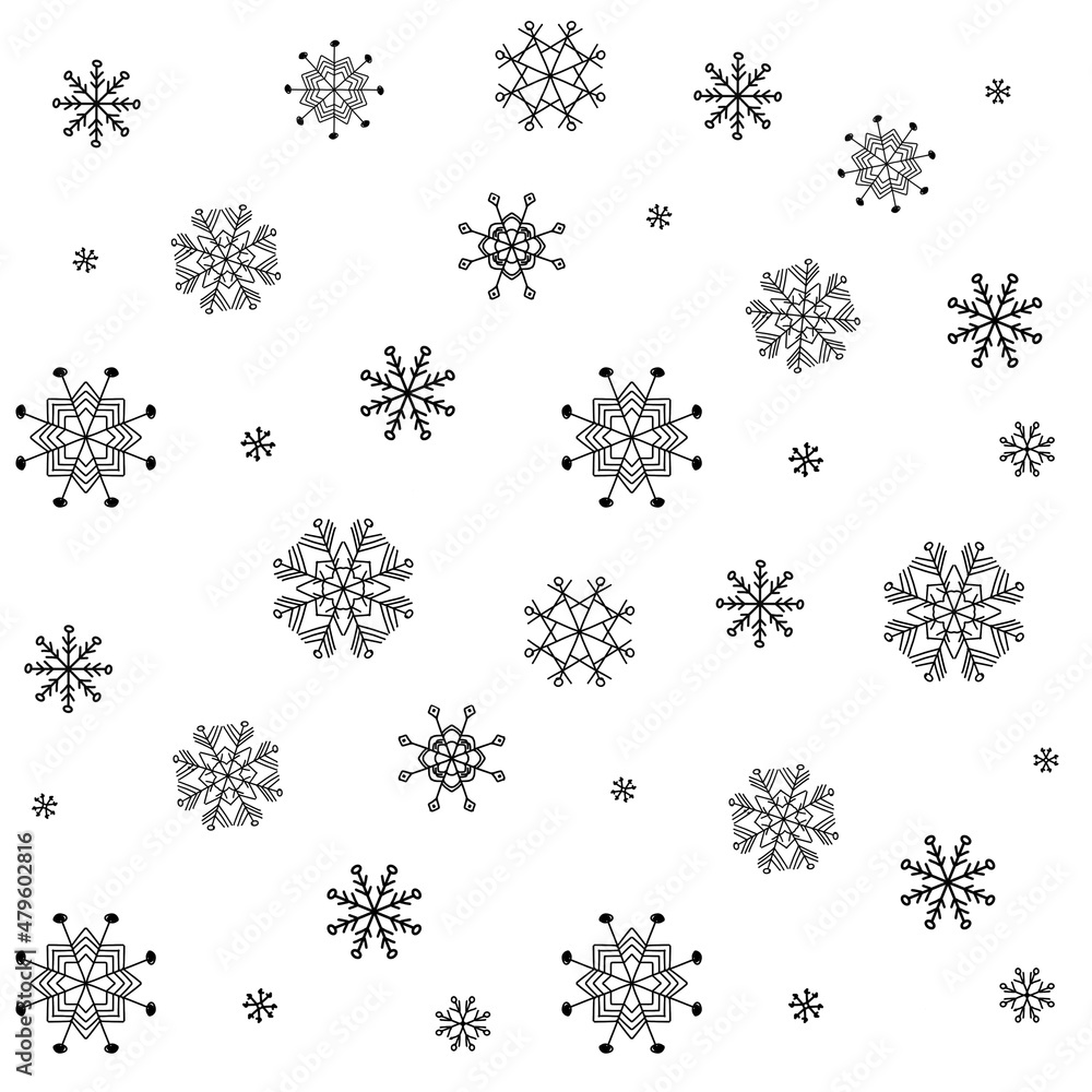 Set of snowflakes shapes, snow texture in black and white seamless pattern. Cute snowfall background Set of snowflakes shapes, snow texture in black and white seamless pattern. Cute snowfall background