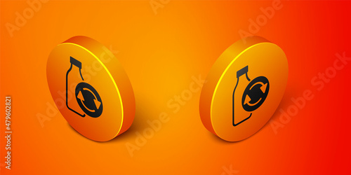 Isometric Recycling plastic bottle icon isolated on orange background. Orange circle button. Vector