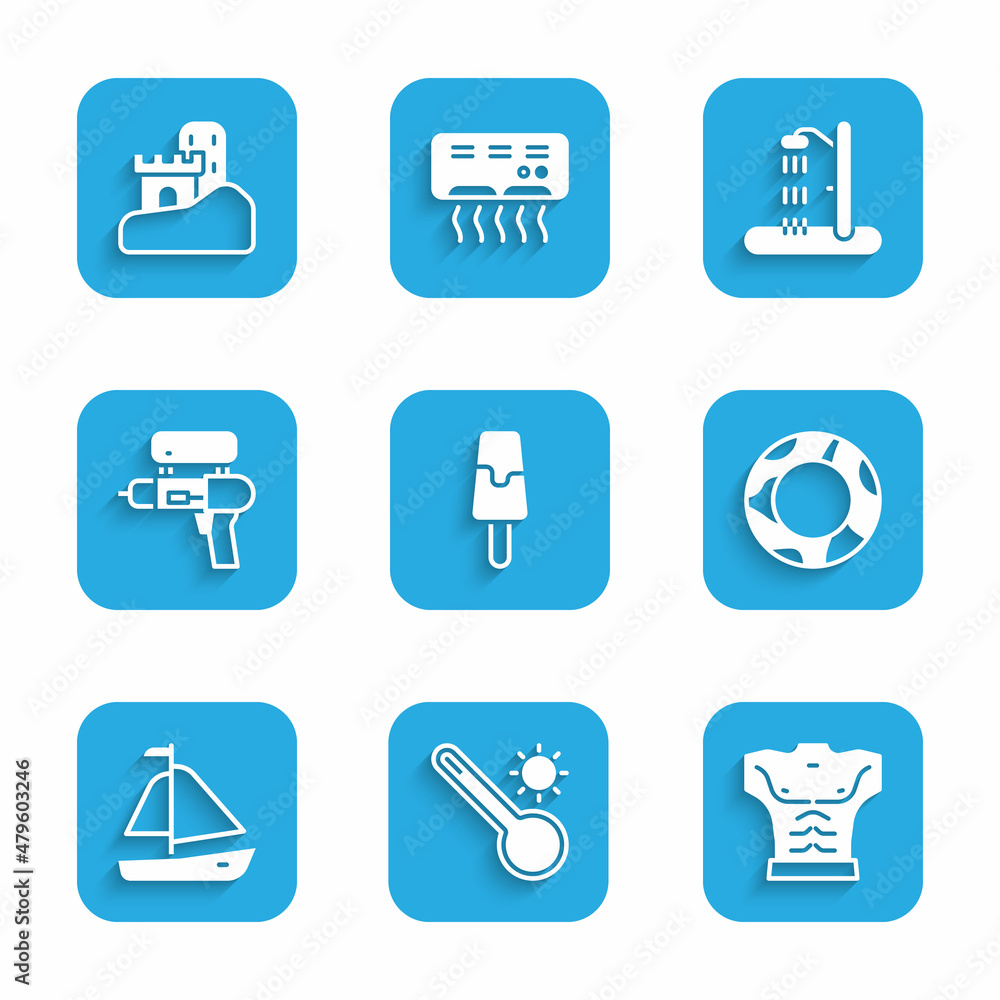 Set Ice cream, Meteorology thermometer, Bodybuilder muscle, Rubber swimming ring, Yacht sailboat, Water gun, Beach shower and Sand castle icon. Vector Set Ice cream, Meteorology thermometer, Bodybuilder muscle, Rubber swimming ring, Yacht sailboat, Water gun, Beach shower and Sand castle icon. Vector