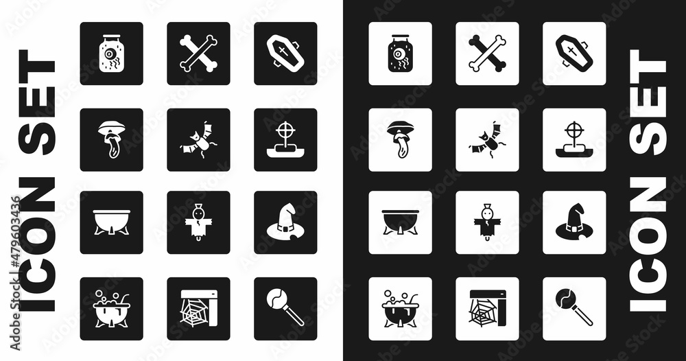 Set Coffin with cross, Flying bat, Psilocybin mushroom, Eye jar, Tombstone, Crossed bones, Witch hat and Halloween witch cauldron icon. Vector Set Coffin with cross, Flying bat, Psilocybin mushroom, Eye jar, Tombstone, Crossed bones, Witch hat and Halloween witch cauldron icon. Vector