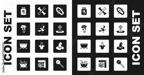 Set Coffin with cross, Flying bat, Psilocybin mushroom, Eye jar, Tombstone, Crossed bones, Witch hat and Halloween witch cauldron icon. Vector