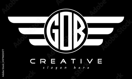 GOB three letter monogram type circle letter logo with wings vector template.