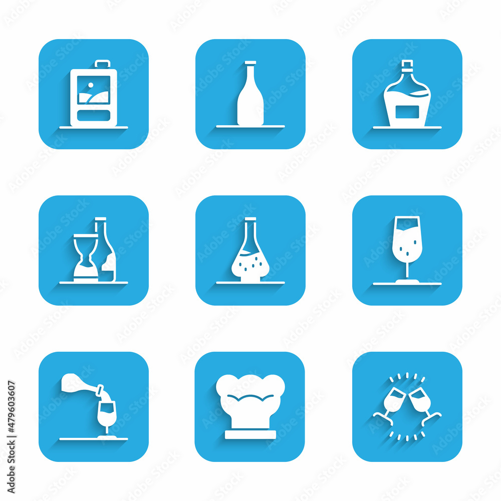 Set Decanter for wine, Chef hat, Wine tasting, degustation, glass, Bottle of, Old bottle and Cardboard box icon. Vector Set Decanter for wine, Chef hat, Wine tasting, degustation, glass, Bottle of, Old bottle and Cardboard box icon. Vector