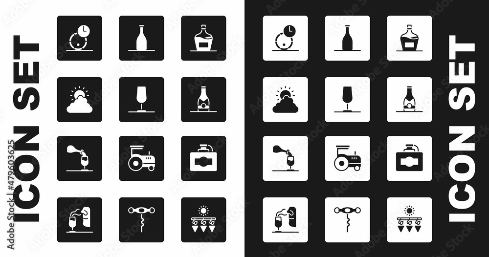 Set Old bottle of wine, Wine glass, Sun and cloud weather, Wooden barrel for, Champagne, Bottle, Cardboard box and tasting, degustation icon. Vector Set Old bottle of wine, Wine glass, Sun and cloud weather, Wooden barrel for, Champagne, Bottle, Cardboard box and tasting, degustation icon. Vector