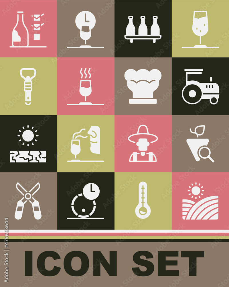 Set Vineyard wine grapes, Grapes, Tractor, Bottle of, Wine tasting, degustation, opener, and Chef hat icon. Vector Set Vineyard wine grapes, Grapes, Tractor, Bottle of, Wine tasting, degustation, opener, and Chef hat icon. Vector
