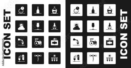 Set Old bottle of wine, Wine glass, Sun and cloud weather, Wooden barrel for, Champagne, Bottle, Cardboard box and tasting, degustation icon. Vector
