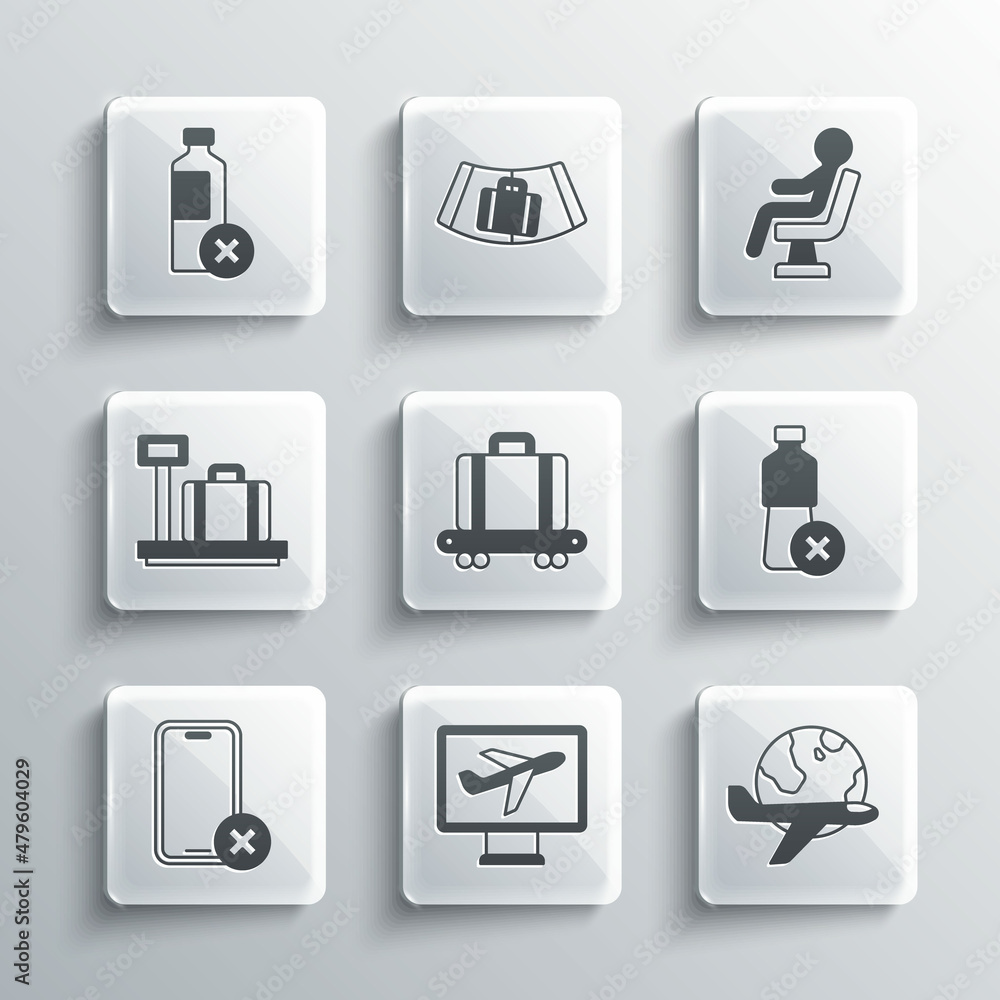 Set Plane, Globe with flying plane, No water bottle, Conveyor belt suitcase, cell phone, Scale, and Human waiting airport terminal icon. Vector Set Plane, Globe with flying plane, No water bottle, Conveyor belt suitcase, cell phone, Scale, and Human waiting airport terminal icon. Vector