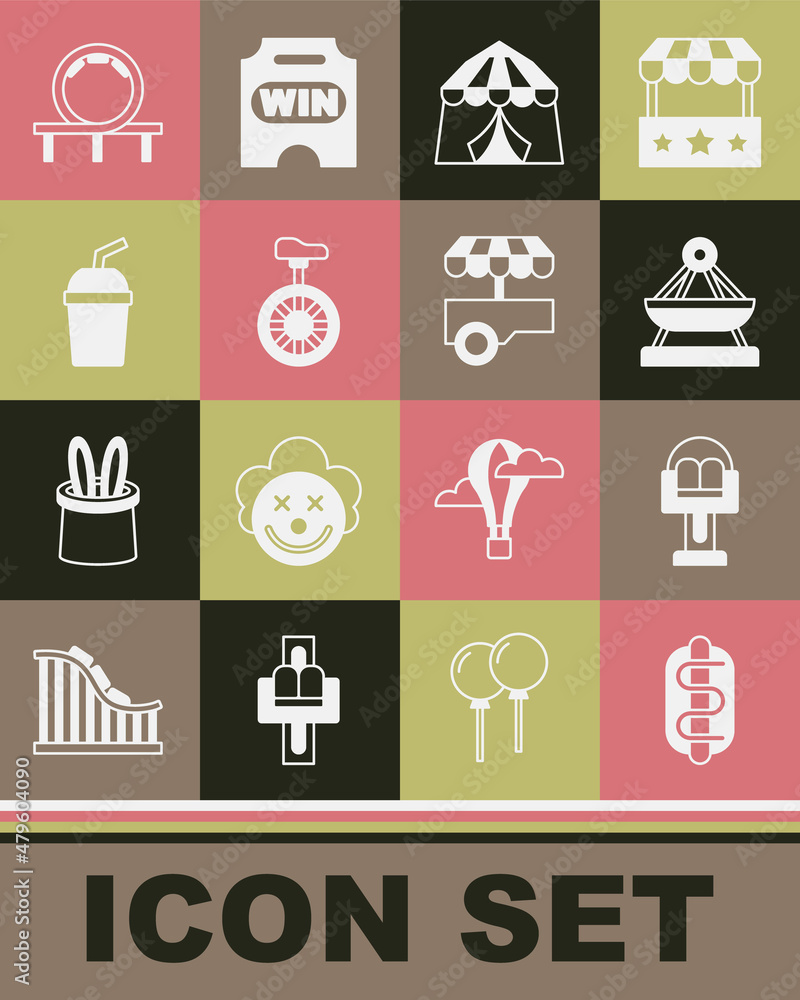 Set Hotdog sandwich, Attraction carousel, Boat swing, Circus tent, Unicycle or one wheel bicycle, Paper glass with water, Roller coaster and Fast street food cart icon. Vector Set Hotdog sandwich, Attraction carousel, Boat swing, Circus tent, Unicycle or one wheel bicycle, Paper glass with water, Roller coaster and Fast street food cart icon. Vector