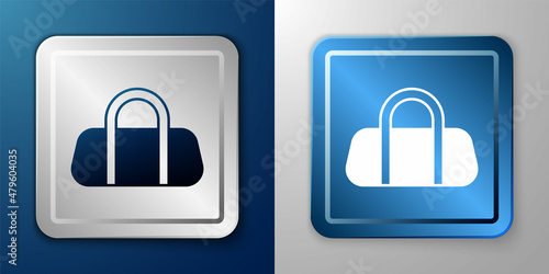 White Sport bag icon isolated on blue and grey background. Silver and blue square button. Vector