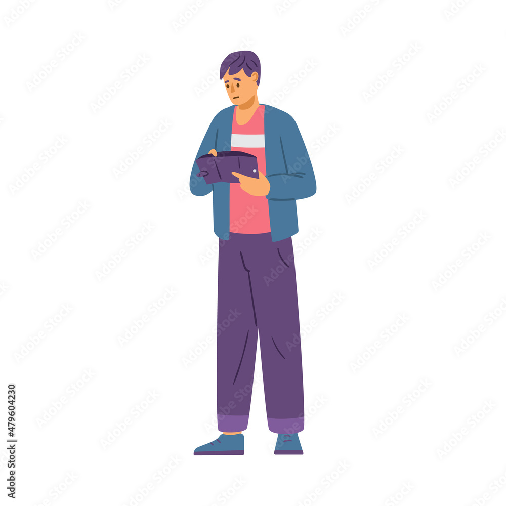 Man stand and look inside empty wallet, flat vector illustration isolated. Male person has money problem. Man stand and look inside empty wallet, flat vector illustration isolated. Male person has money problem.