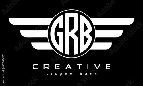 GRB three letter monogram type circle letter logo with wings vector template.