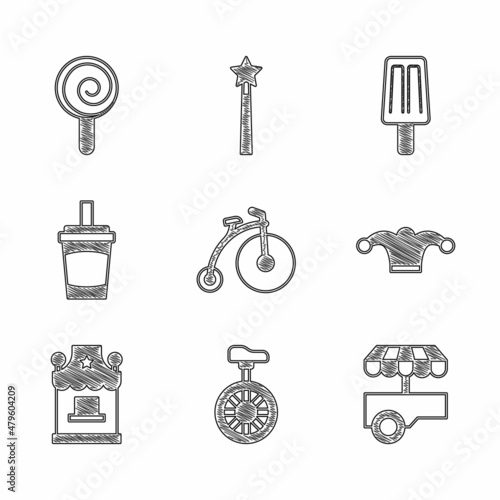 Set Vintage bicycle, Unicycle or one wheel, Fast street food cart, Jester hat with bells, Ticket box office, Paper glass water, Ice cream and Lollipop icon. Vector
