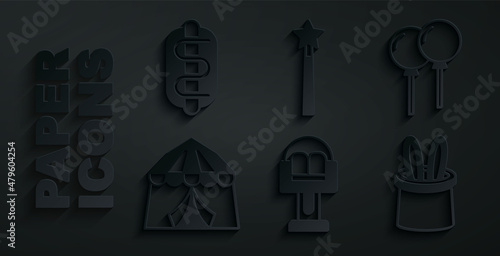 Set Attraction carousel, Balloons with ribbon, Circus tent, Magician hat and rabbit ears, wand and Hotdog sandwich icon. Vector