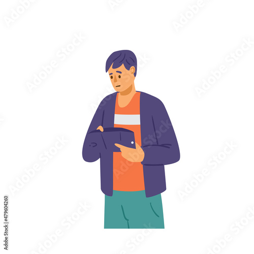 Poor student is broke. Male character hold empty wallet in his hand and look inside it with sad expression.