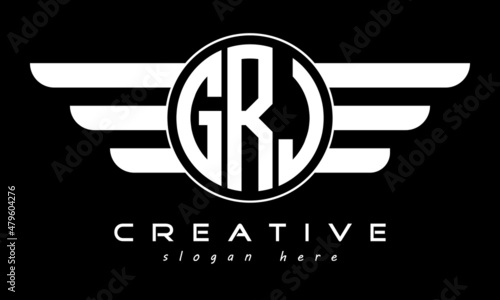 GRJ three letter monogram type circle letter logo with wings vector template. photo