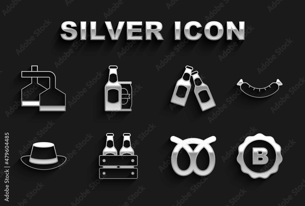 Set Pack of beer bottles, Sausage, Bottle cap with, Pretzel, Oktoberfest hat, Beer, brewing process and and can icon. Vector Set Pack of beer bottles, Sausage, Bottle cap with, Pretzel, Oktoberfest hat, Beer, brewing process and and can icon. Vector