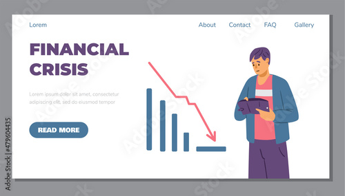 Poor broke man holding empty wallet website banner. Financial crisis flat vector illustration. Financial crisis.