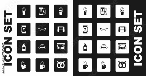 Set Glass of beer, Sausage, Beer can, Wooden barrel, Street signboard with Pub and bottle icon. Vector