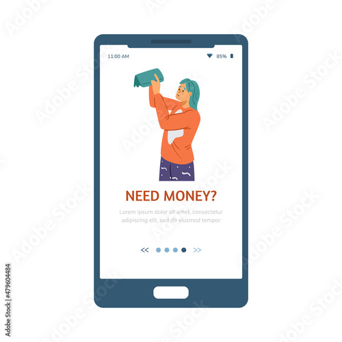 Need money flat vector banner for mobile phone app. Sad girl look inside empty wallet. Broke woman illustration