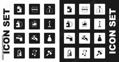 Set Hanger wardrobe, Bar of soap, Dishwashing liquid bottle, Bottle for cleaning agent, Vacuum cleaner, Basin with suds, Garbage bag and Water tap icon. Vector
