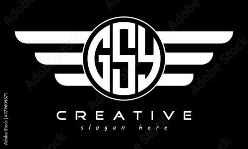 GSY three letter monogram type circle letter logo with wings vector template. photo