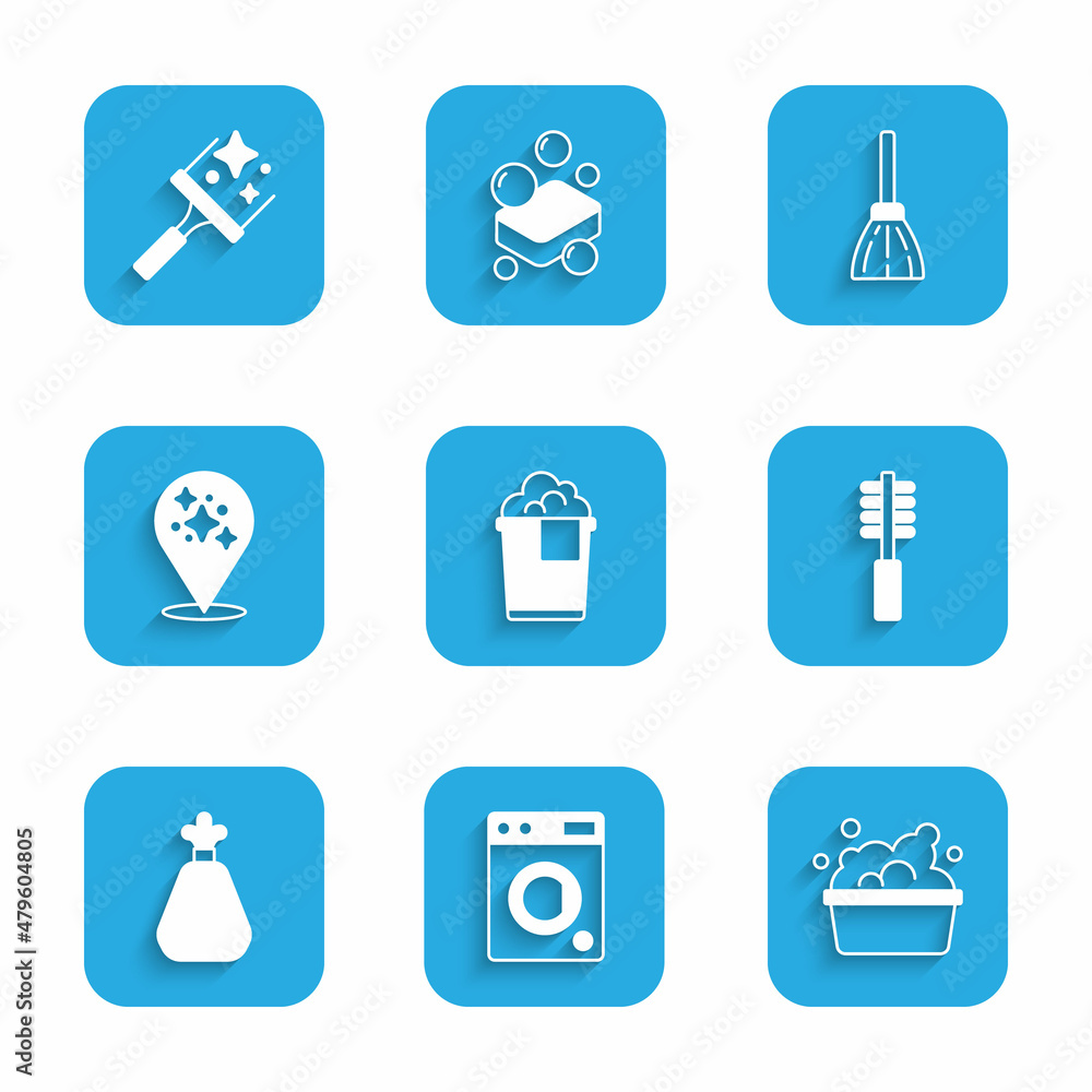 Set Bucket with foam, Washer, Basin soap suds, Toilet brush, Garbage bag, Home cleaning service, Handle broom and Rubber cleaner for windows icon. Vector Set Bucket with foam, Washer, Basin soap suds, Toilet brush, Garbage bag, Home cleaning service, Handle broom and Rubber cleaner for windows icon. Vector