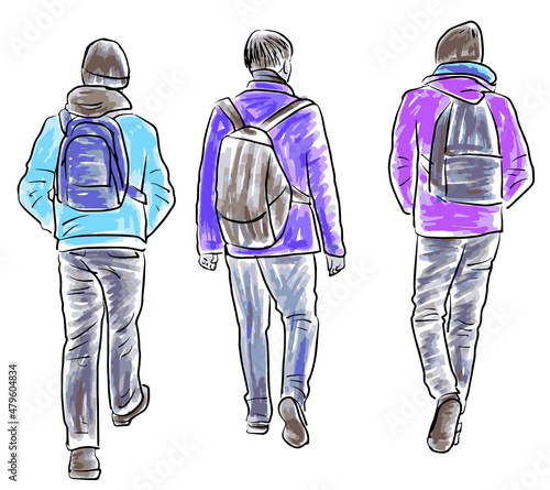 Hand drawing of three teen students walking together outdoors