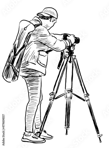 Outline drawing of professional photographer taking picture on camera with tripod