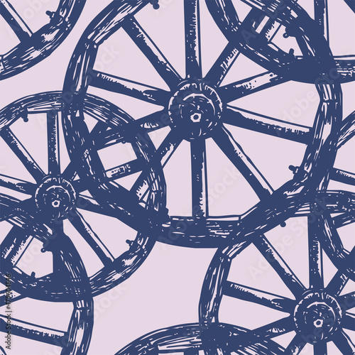 Seamless background of drawn old wooden wheels
