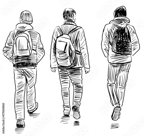Sketch of three teens students walking together outdoors